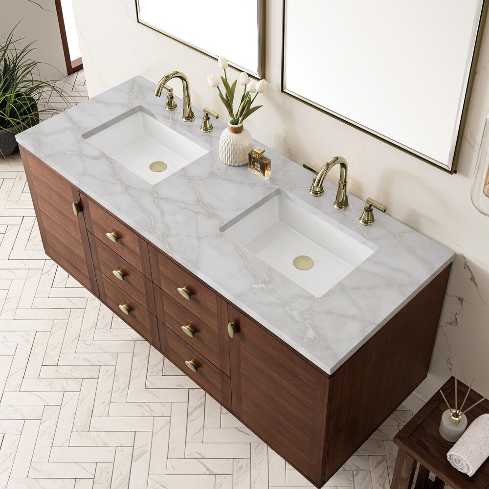 James Martin Vanities Amberly 60" Double Bathroom Vanity in Mid-Century Walnut with 3 cm Eternal Jasmine Pearl Silestone Top, Rectangular Sinks and FreePower Wireless Charger, , large