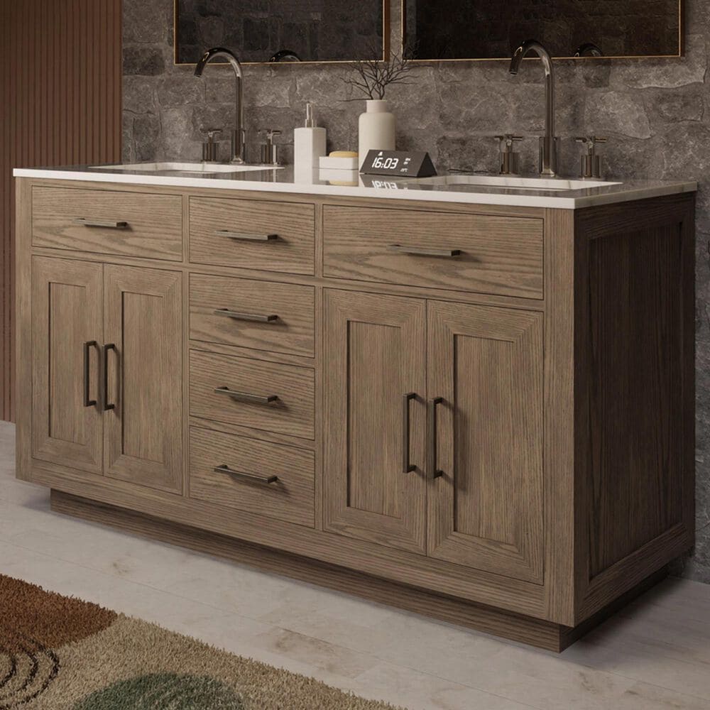 Lexora Home Abbey 60" Double Bathroom Vanity in Grey Oak with 2 cm White Carrara Marble Top and Rectangular Sinks, , large