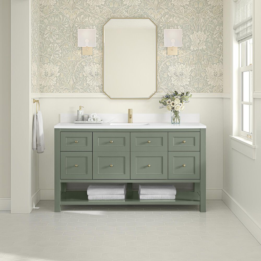 James Martin Vanities Breckenridge 60&quot; Single Bathroom Vanity in Smokey Celadon with Single Hole 3 cm White Zeus Quartz Top and Rectangular Sink, , large