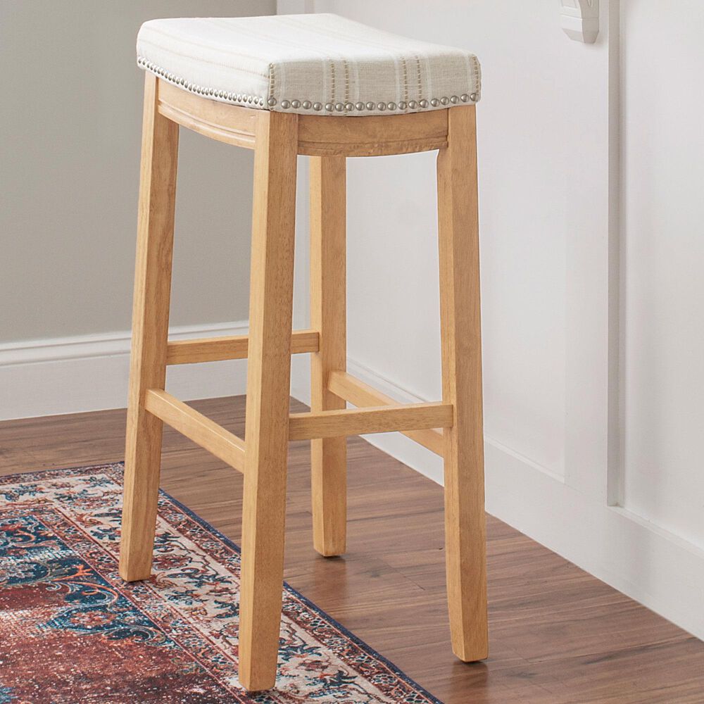 Linon Home Decor Claridge Bar Stool with Striped Beige Cushion in Rustic Brown, , large