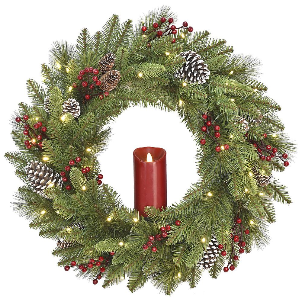 National Tree 24" Battery Operated Bristle Berry Wreath with Single Candle, , large