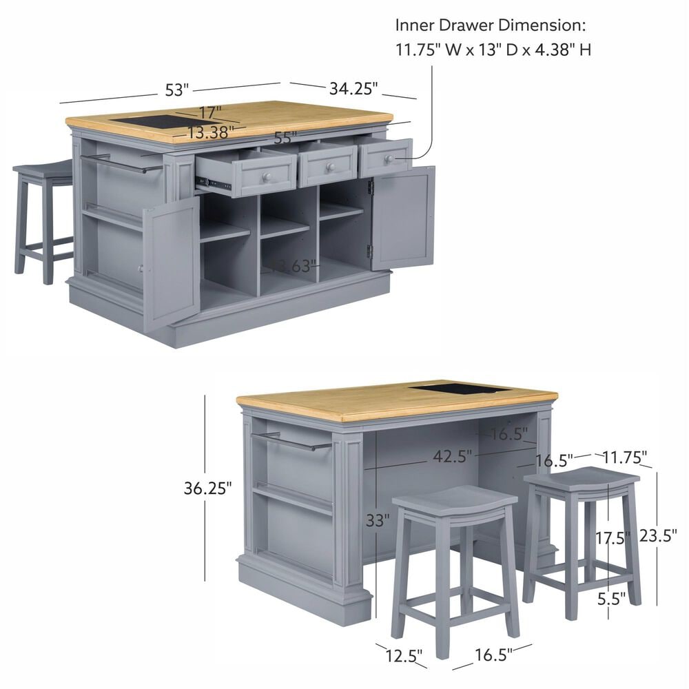 Linden Boulevard Penda Kitchen Island with 2 Stools in Gray, , large