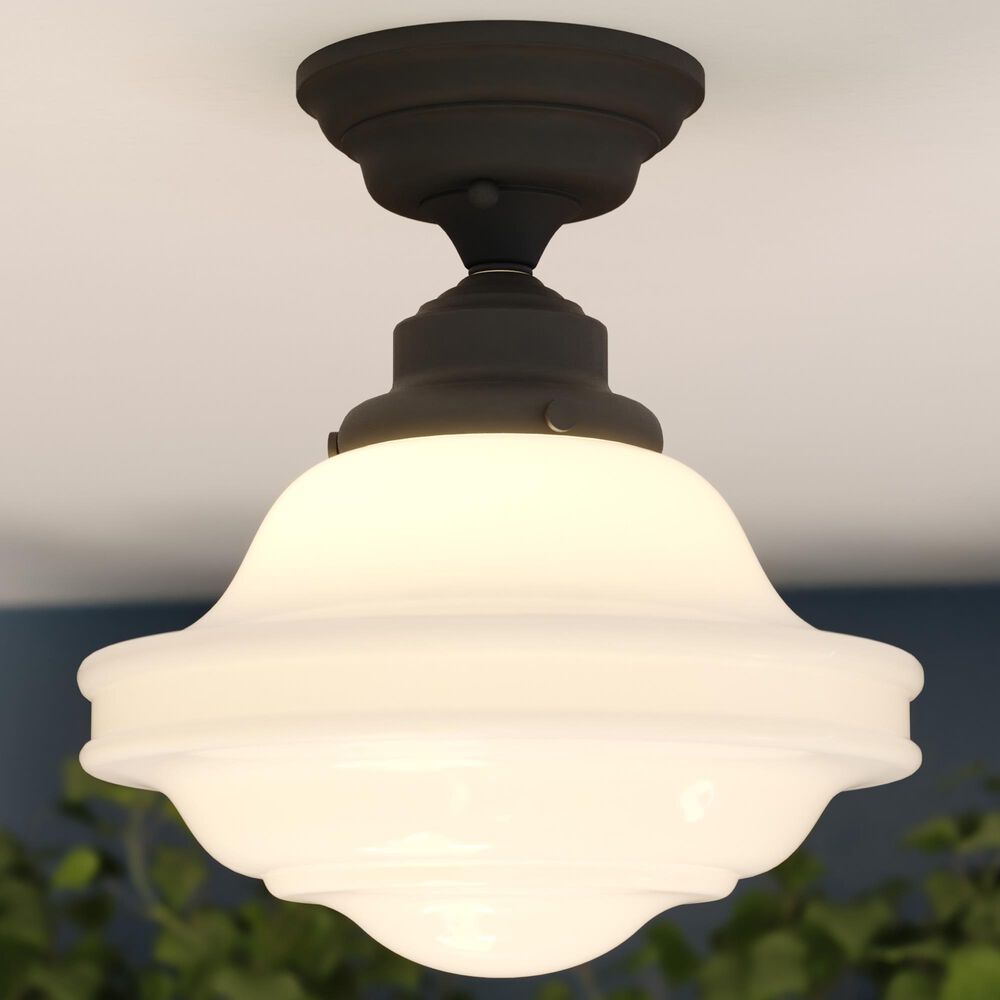 Vaxcel Huntley 10" 1-Light Semi Flush Mount with Milk Glass Shade in Oil Rubbed Bronze, , large