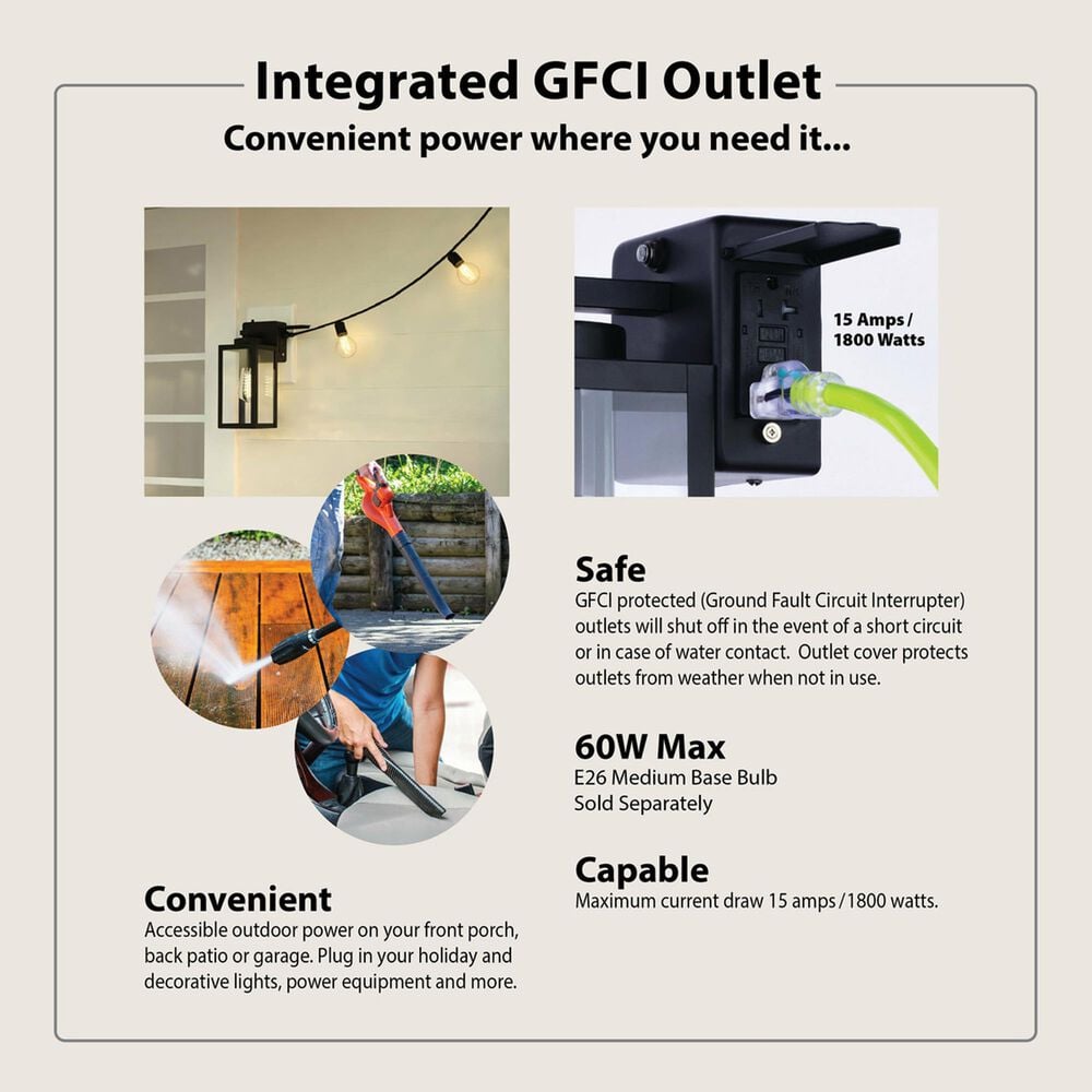 Vaxcel International Co. Ltd. Lombard 1-Light Outdoor Wall Light with GFCI Outlet in Textured Black, , large