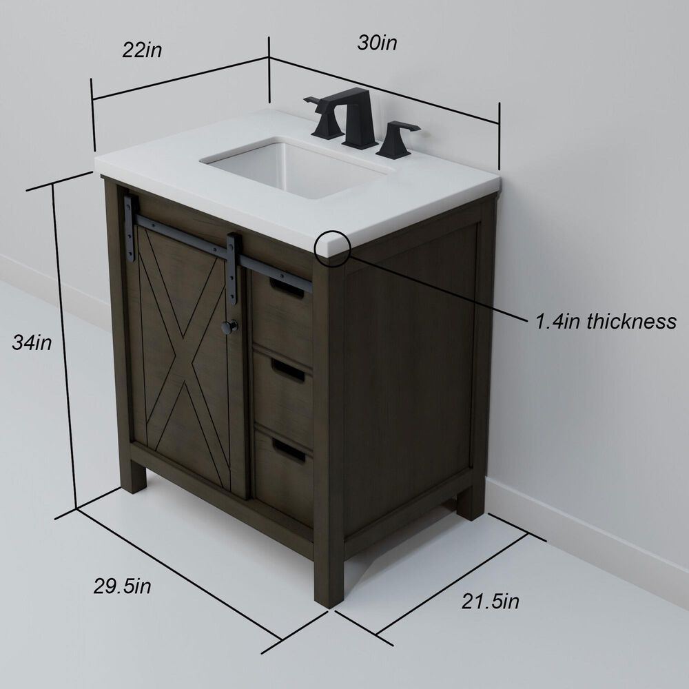 Lexora Home Marsyas 30" Single Bathroom Vanity in Rustic Brown with White Quartz Top and Rectangular Sink, , large