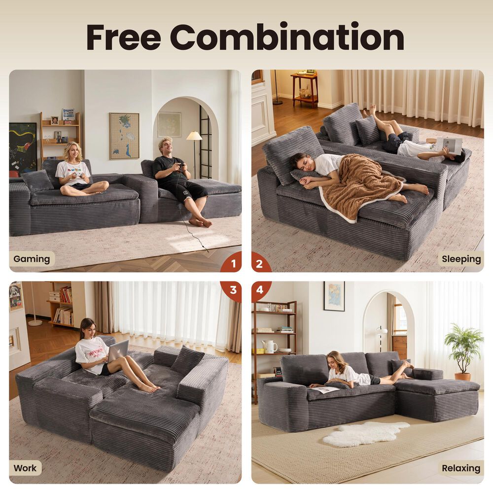 HOMLUX 2-Piece Stationary Right-Facing Chaise with Loveseat and Corduroy Fabric Upholstery in Grey, , large