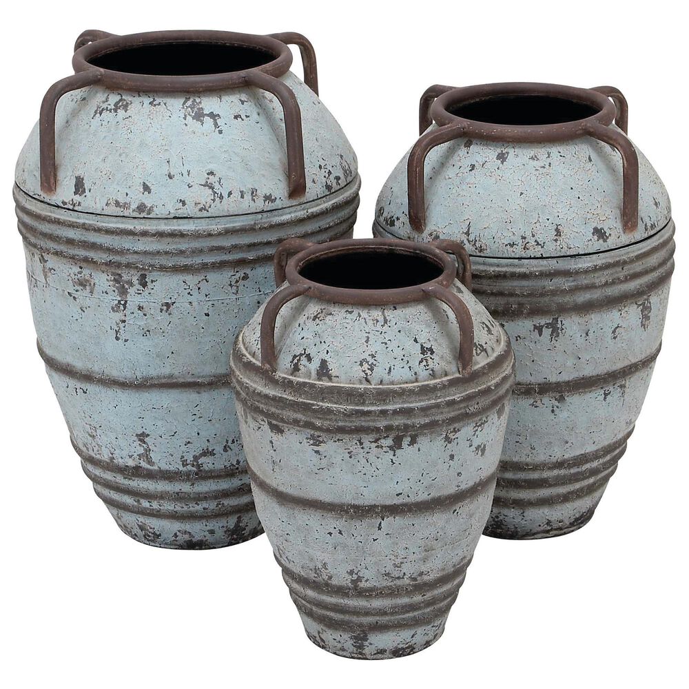 Maple and Jade Rustic Metal Vase in Blue (Set of 3), , large