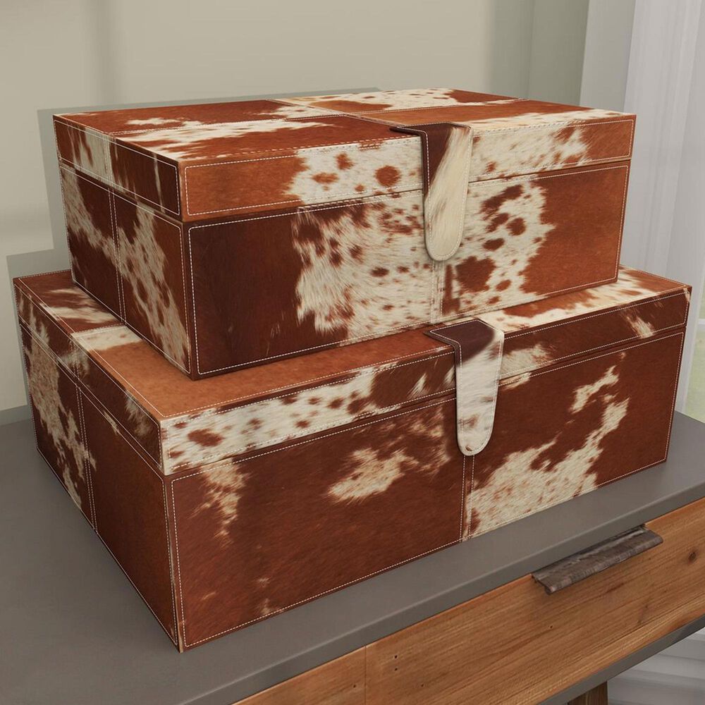 Maple and Jade 2-Piece Handmade Cowhide Decorative Box Set with Snap Front Closure in Brown and White, , large