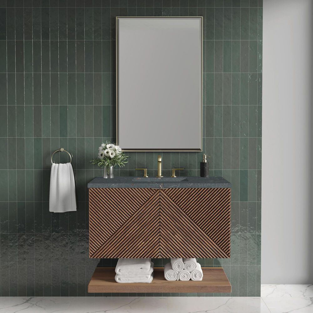 James Martin Vanities Marcello 36" Wall Mounted Single Bathroom Vanity in Chestnut with 3 cm Parisien Bleu Quartz Top and Rectangular Sink, , large