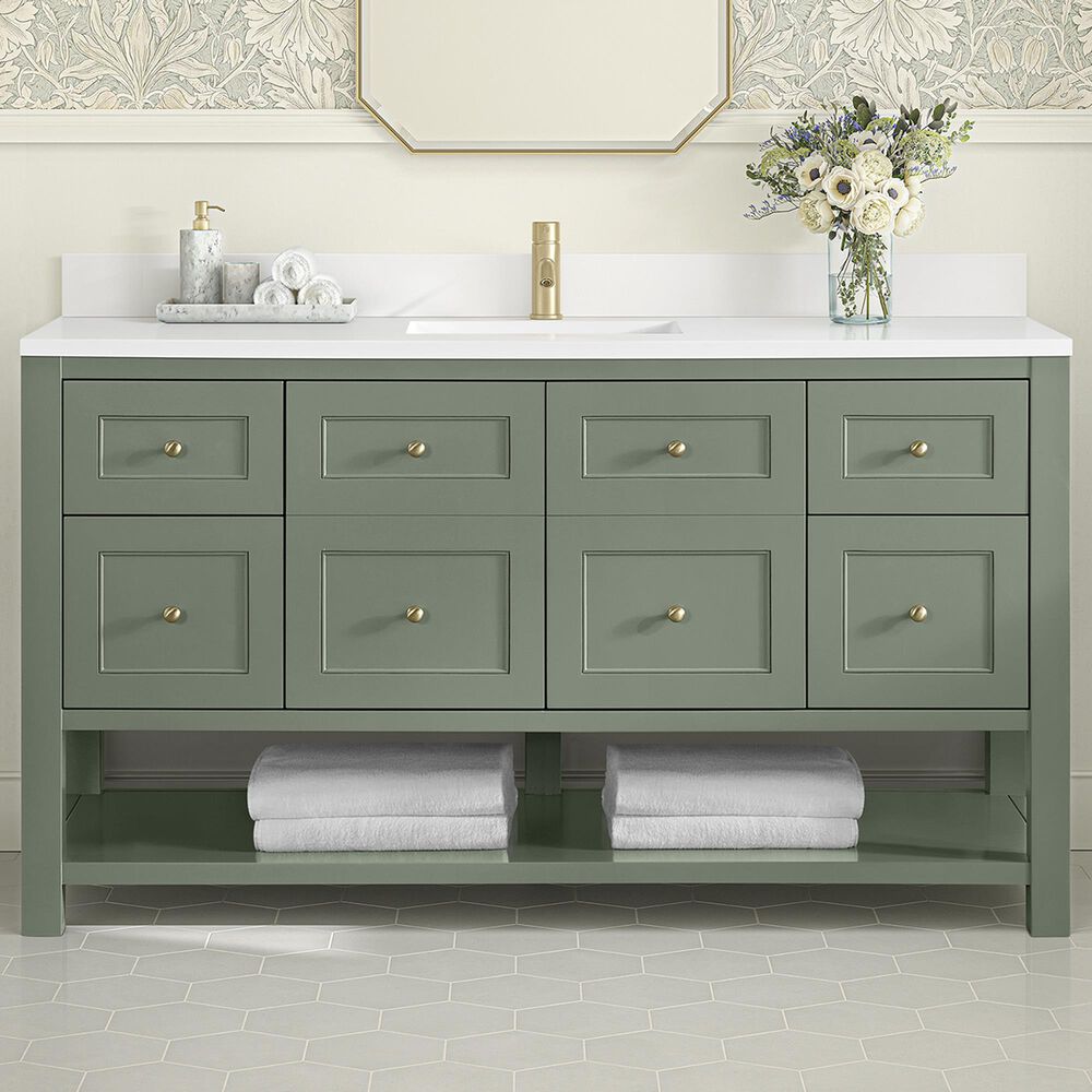 James Martin Vanities Breckenridge 60&quot; Single Bathroom Vanity in Smokey Celadon with Single Hole 3 cm White Zeus Quartz Top and Rectangular Sink, , large
