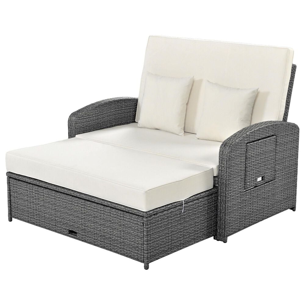 HOMLUX Wicker Rattan Double Chaise Lounge in White, , large