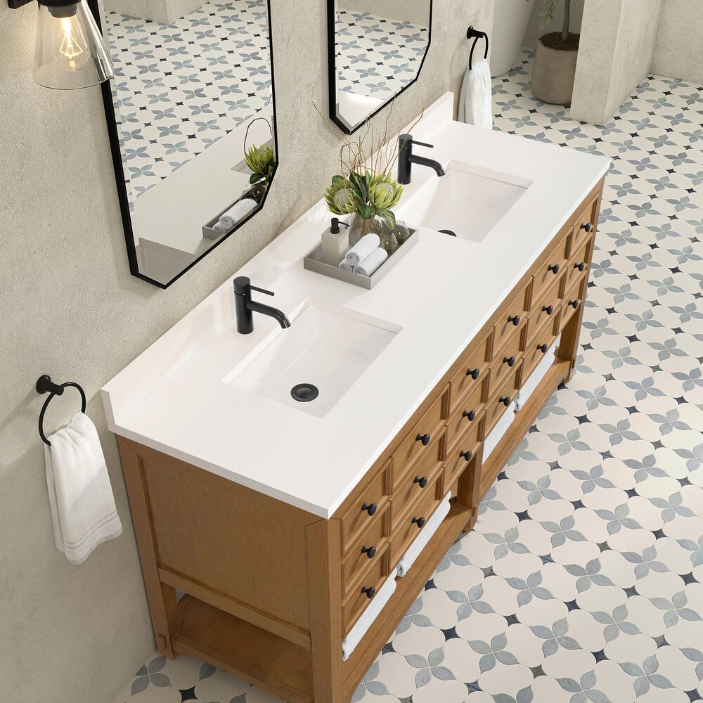 James Martin Malibu 72&quot; Double Bathroom Vanity in Amber Birch with Single Hole 3 cm White Zeus Quartz Top and Rectangular Sinks, , large