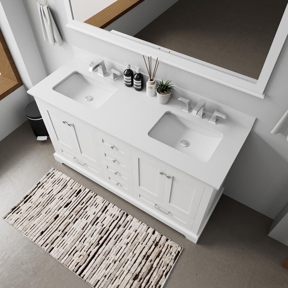 Lexora Home Dukes 60&quot; Double Bathroom Vanity in White with 2 cm White Quartz Top and Rectangular Sinks, , large