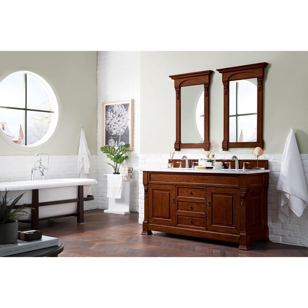 James Martin Vanities Brookfield 60&quot; Double Bathroom Vanity in Warm Cherry with 3 cm Eternal Jasmine Pearl Quartz Top and Rectangle Sinks, , large