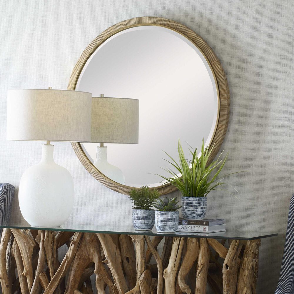 Uttermost Paradise Round Vanity Mirror in Antiqued Gold Leaf and Brown, , large