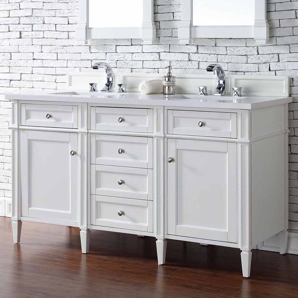 James Martin Brittany 60&quot; Double Bathroom Vanity in Bright White with 3 cm White Zeus Quartz Top and Rectangular Sinks, , large