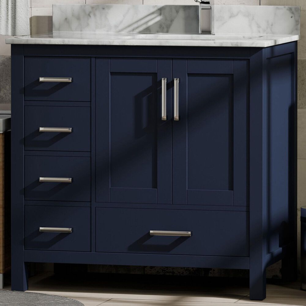 Lexora Home Jacques 36&quot; Right Offset Single Bathroom Vanity in Navy Blue with 2 cm White Carrara Marble Top and Rectangular Sink, , large