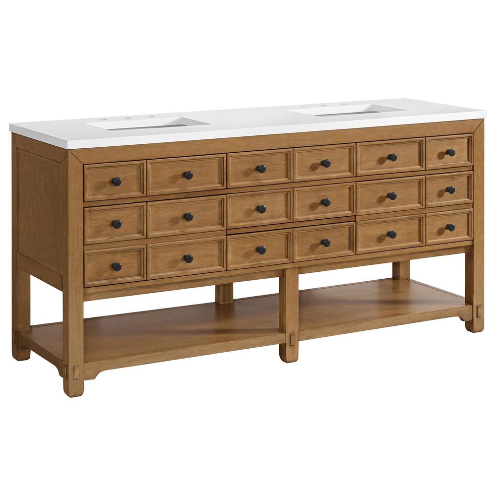James Martin Vanities Malibu 72&quot; Double Bathroom Vanity in Amber Birch with 3 cm White Zeus Quartz Top and Rectangular Sinks, , large