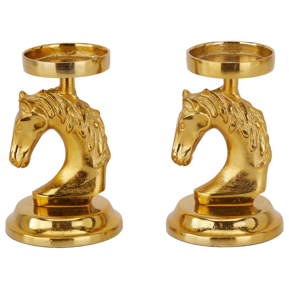 Maple and Jade Aluminum Horse Head Candleholder in Gold (Set of 2), , large