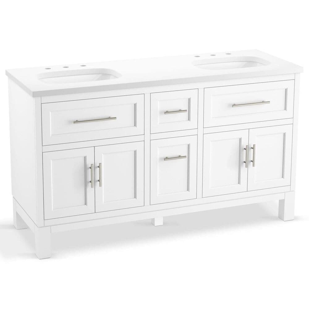 Kohler Quo 60" Double Bathroom Vanity in White with 3 cm Pure White Quartz Top and Oval Sinks, , large