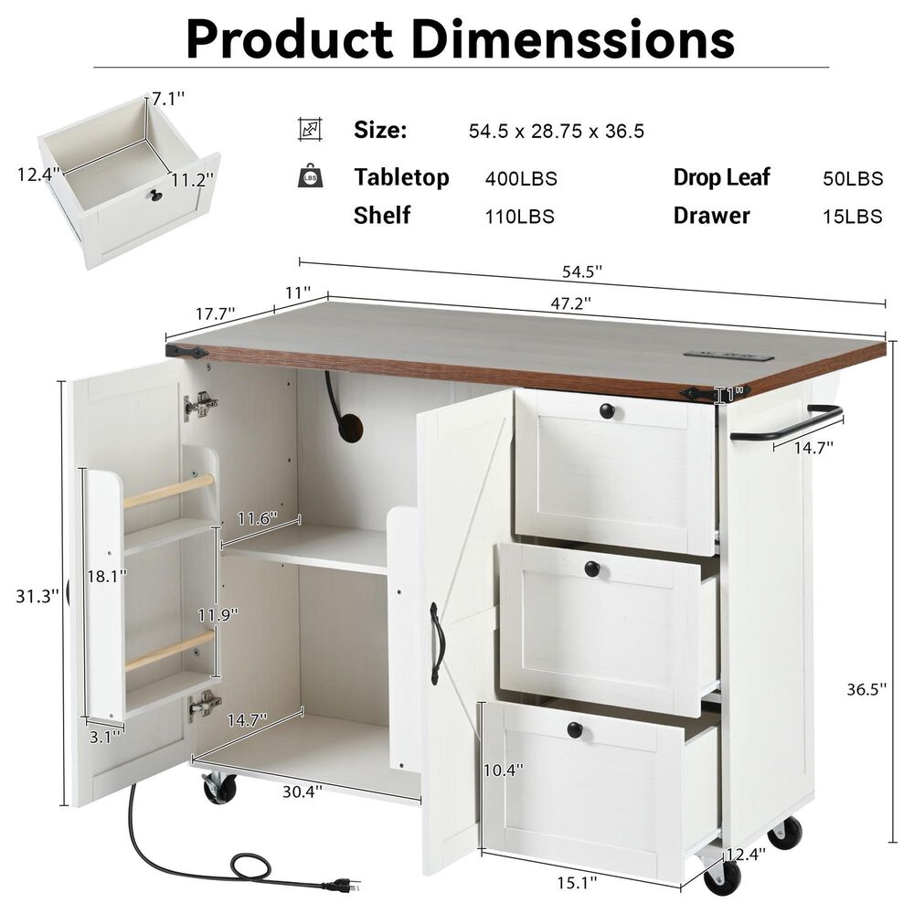 HOMLUX 55" Farmhouse Kitchen Island with Power Outlet in White, , large