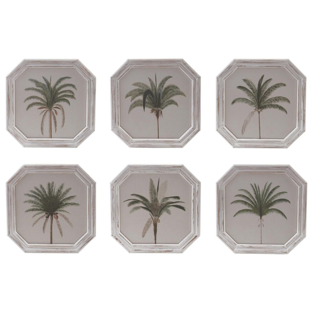 Creative Coop Palmera 9.75" Octagon Palm Tree Wall Art in White and Green (Set of 6), , large