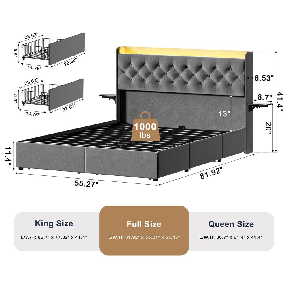 HOMLUX Full Upholstered Platform Storage Bed with Headboard Shelf and USB Charging Station in Gray, , large