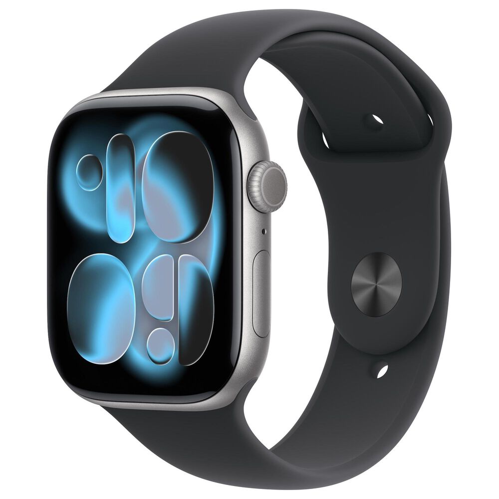 Apple Watch Series 11 (GPS+Cellular) 46mm Aluminum Case with Black Sport Band - M/L in Space Gray and 2-Year AppleCare+, , large