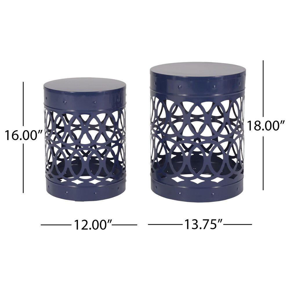 Hearth and Haven Cylindrical-Shaped Iron Patio End Table in Navy Blue &#40;Set of 2&#41;, , large