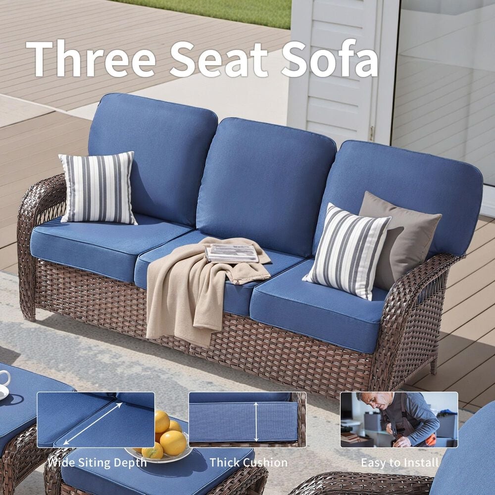 Hearth and Haven Outdoor Sofa with T-back Cushions and Brown Wicker in Blue, , large