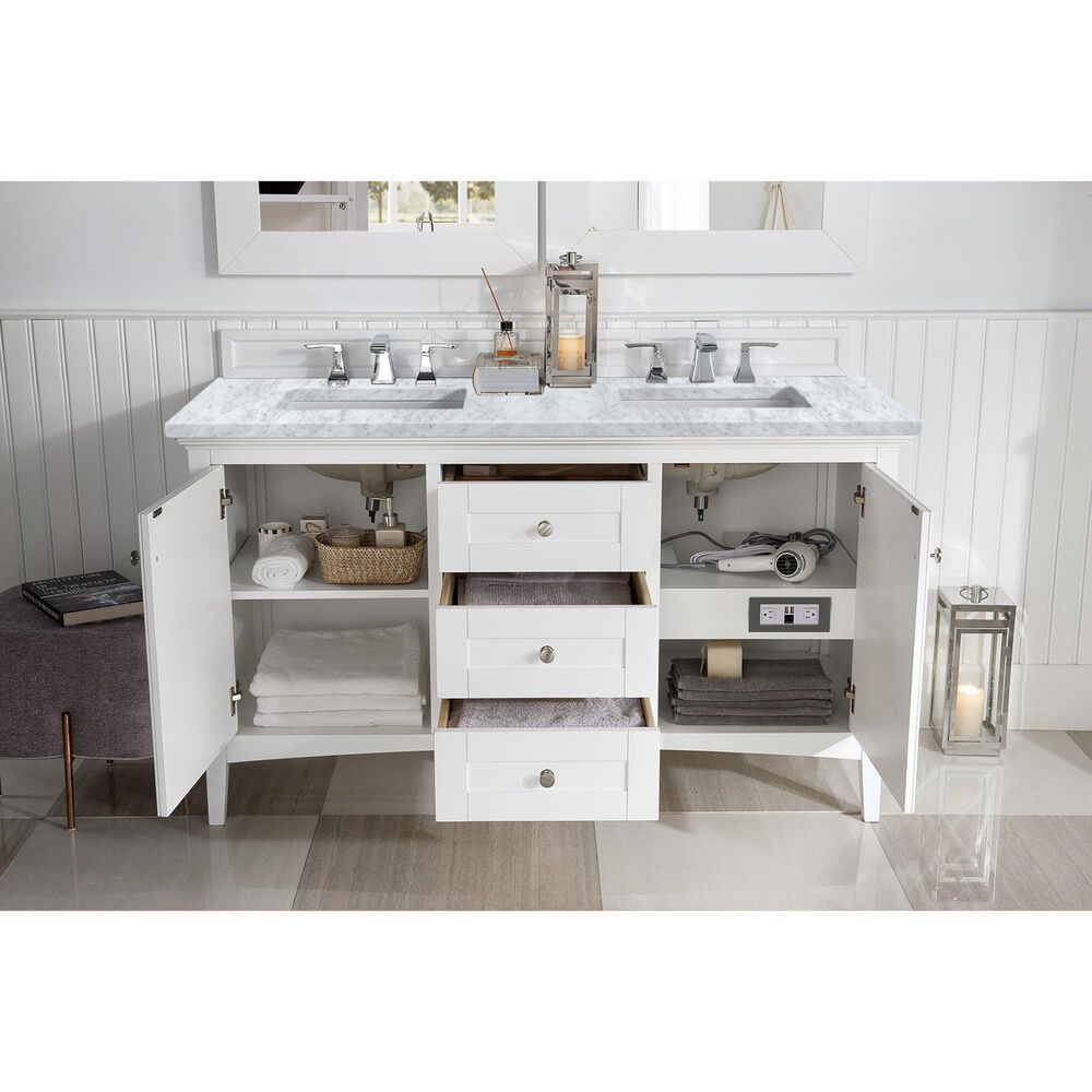 James Martin Vanities Palisades 60&quot; Double Bathroom Vanity in Bright White with 3 cm Carrara White Marble Top and Rectangular Sinks, , large