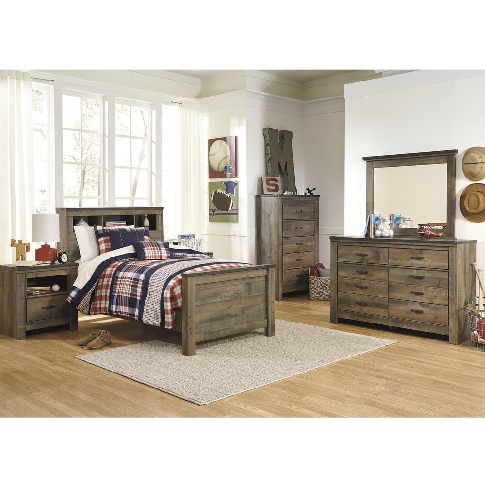 Ashley Trinell 5-Piece Twin Bookcase Bed Set in Replicated Oak Grain, , large