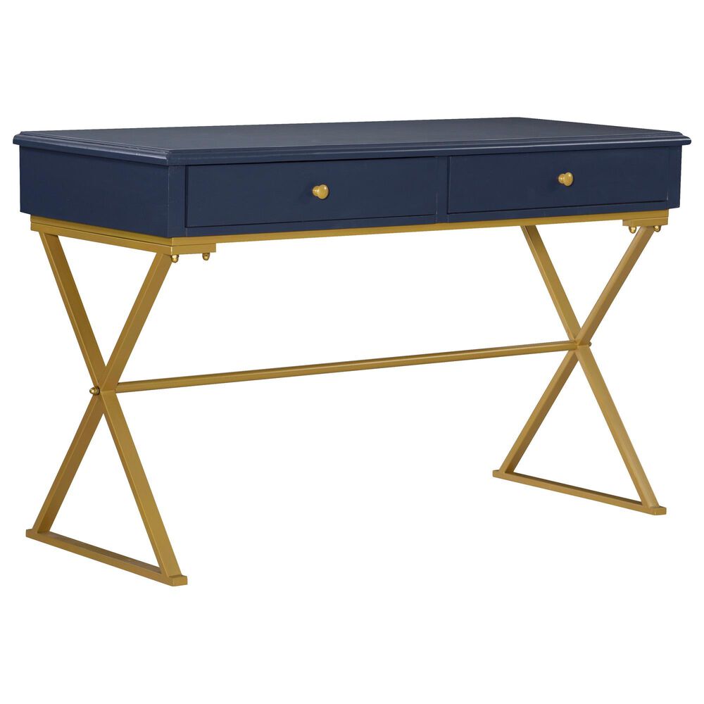 Linon Home Decor Campaign 2-Drawer Desk in Blue and Gold, , large