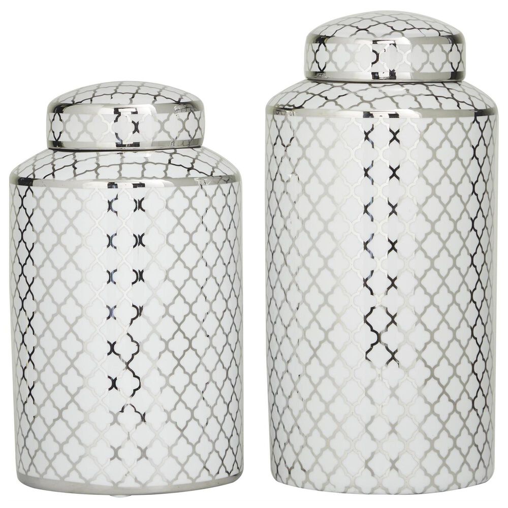 Maple and Jade 2-Piece Jar Set with Geometric Accents in Glossy Silver and White, , large