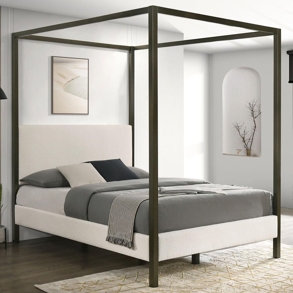 Pacific Landing Monroe Queen Upholstered Canopy Bed in Vanilla White, , large