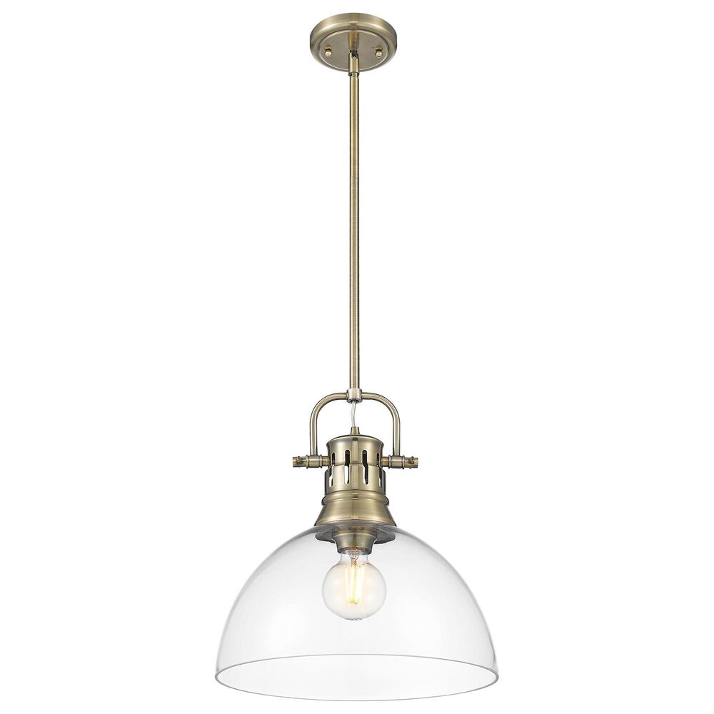 Golden Lighting Duncan 1-Light Pendant with Rod and Clear Shade in Aged Brass, , large