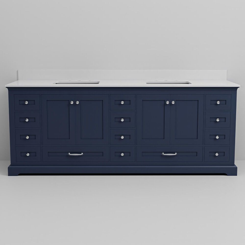Lexora Home Dukes 84" Double Bathroom Vanity in Navy Blue with 2 cm White Quartz Top and Rectangular Sinks, , large
