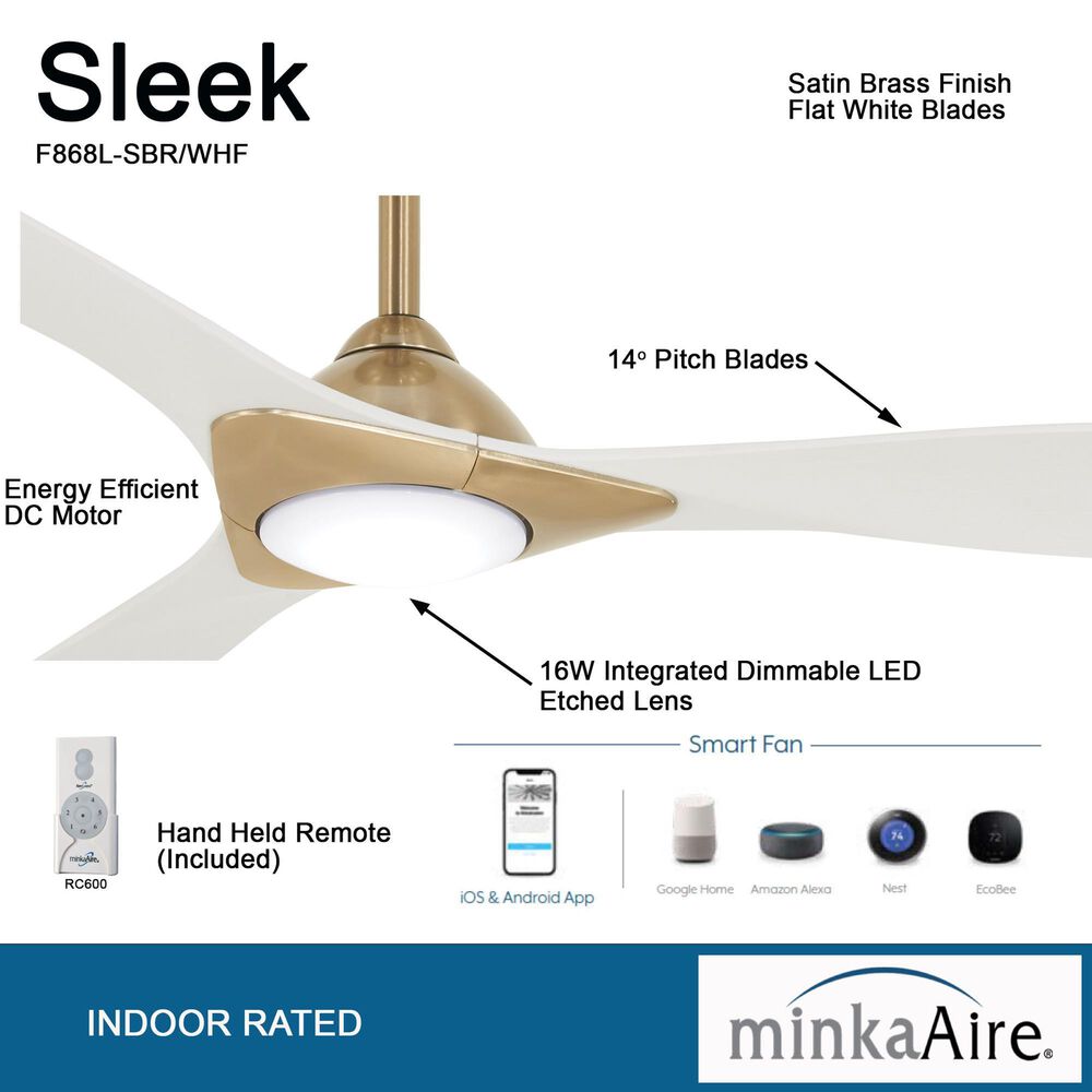 Minka-Aire Sleek 60" Smart Ceiling Fan with LED Light in Soft Brass, , large