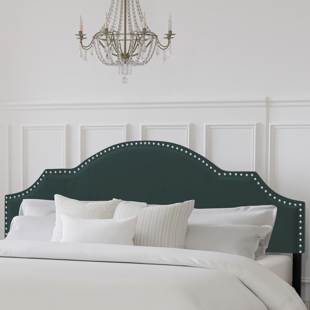 The Monday Company Cynthia Upholstered King Adjustable Headboard with Nickel Nail Heads in Green Velvet, , large