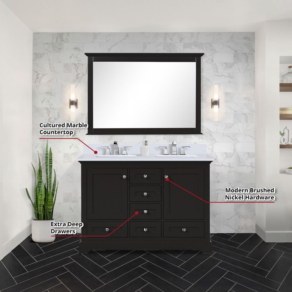Lexora Home Dukes 48&quot; Double Bathroom Vanity in Espresso with 2 cm White Cultured Marble Top, Rectangular Sinks and 46&quot; Mirror, , large