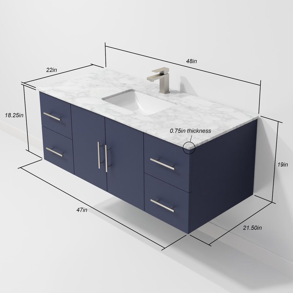 Lexora Home Geneva 48&quot; Single Bathroom Vanity in Navy Blue with 2 cm White Carrara Marble Top and Rectangular Sink, , large