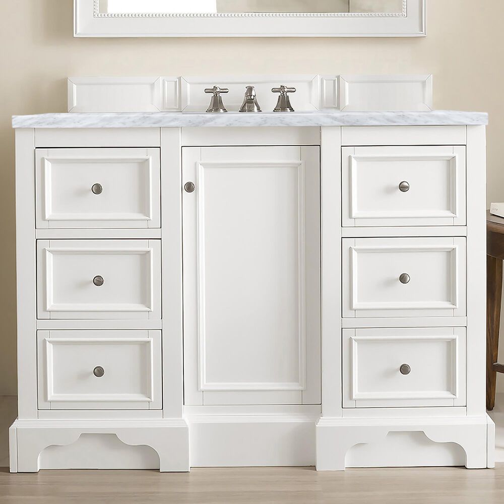 James Martin Vanities De Soto 48&quot; Single Bathroom Vanity in Bright White with 3 cm Carrara White Marble Top and Rectangular Sink, , large