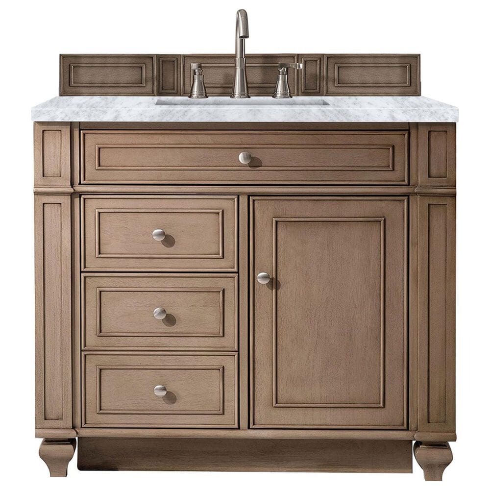 James Martin Vanities Bristol 36" Single Bathroom Vanity in Whitewashed Walnut with 3 cm Carrara White Marble Top and Rectangular Sink, , large