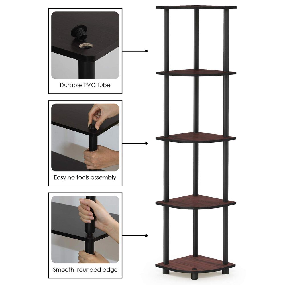 HOMLUX 5-Tier Modern Tall Corner Open Bookshelf in Dark Cherry and Black, , large