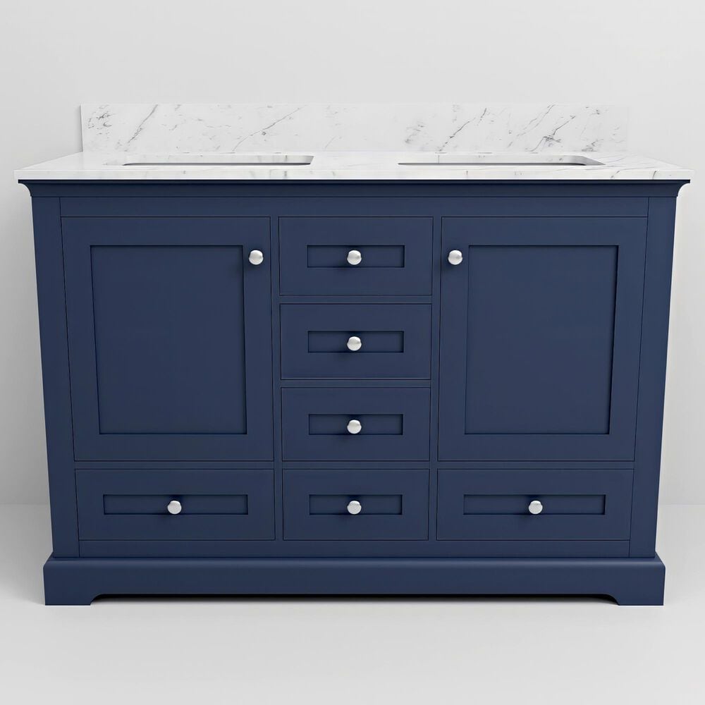 Lexora Home Dukes 48" Double Bathroom Vanity in Navy Blue with 2 cm White Carrara Marble Top and Rectangular Sinks, , large