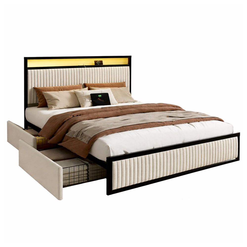 HOMLUX King 2-Drawer  Storage Bed with LED Headboard and USB Ports in Beige, , large