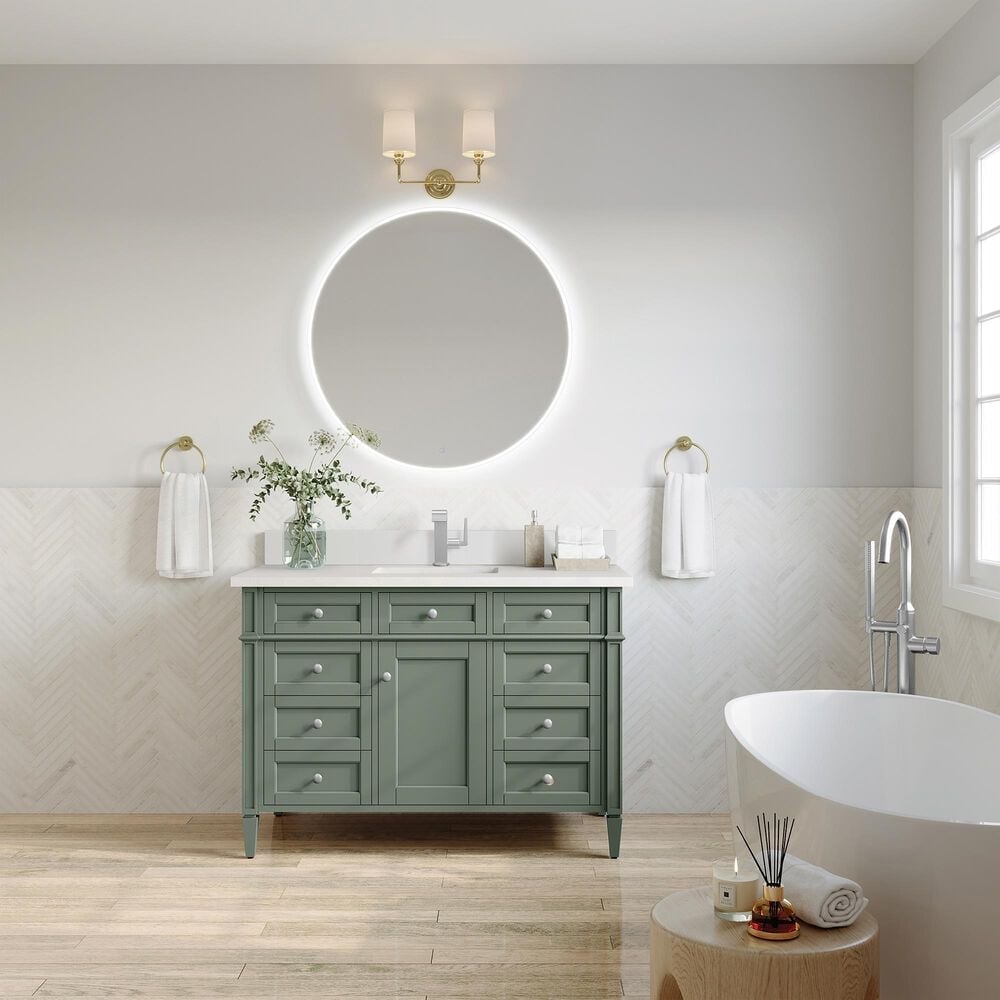 James Martin Vanities Brittany 30&quot; Single Bathroom Vanity in Smokey Celadon with Single Hole 3 cm White Zeus Quartz Top and Rectangular Sink, , large