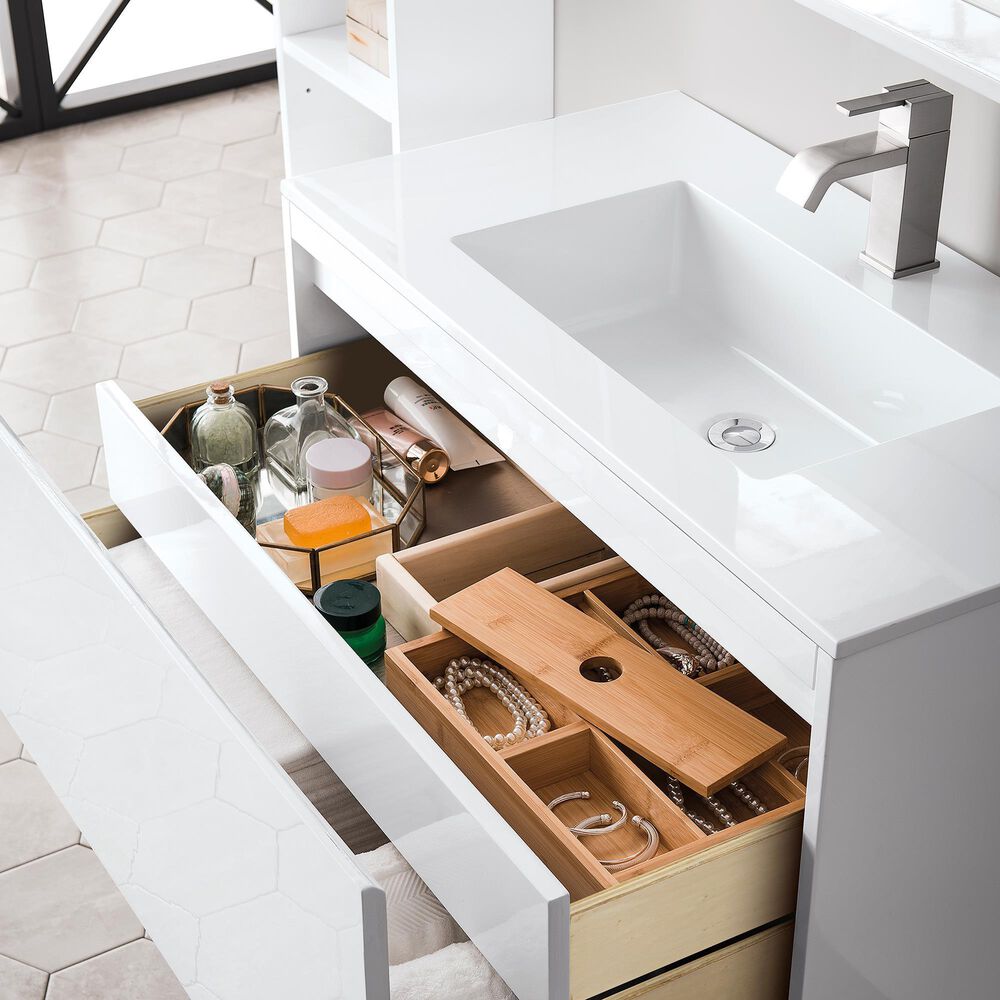 James Martin Vanities Mantova 35.4&quot; Single Bathroom Vanity in Glossy White and Brushed Nickel with 2 cm Glossy White Solid Surface Top and Rectangular Sink, , large