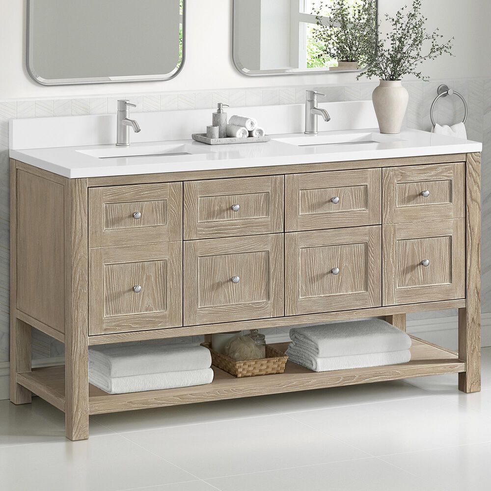 James Martin Vanities Breckenridge 60&quot; Double Bathroom Vanity in Whitewashed Oak with Single Hole 3 cm White Zeus Quartz Top and Rectangular Sinks, , large