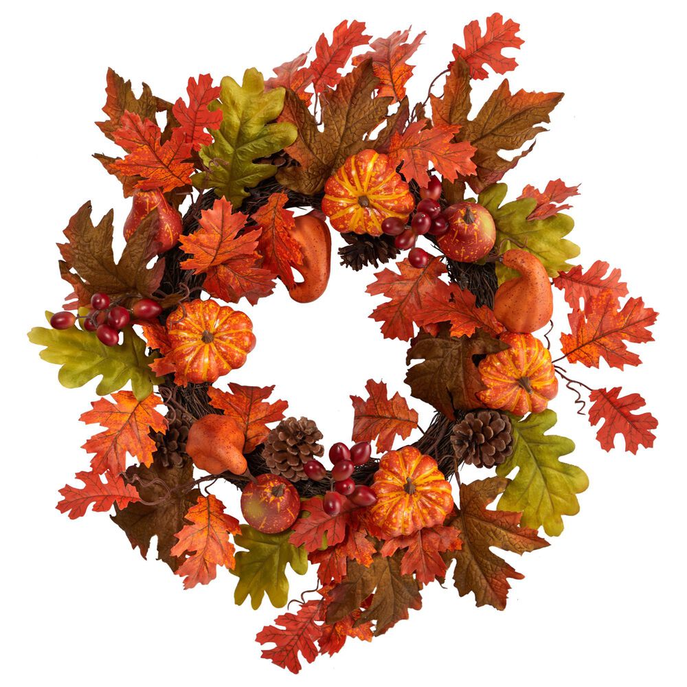 Nearly Natural Inc 20in. Autumn Assorted Maple Leaf, Pumpkin Gourd, Pinecone and Berry Artificial Fall Wreath, , large